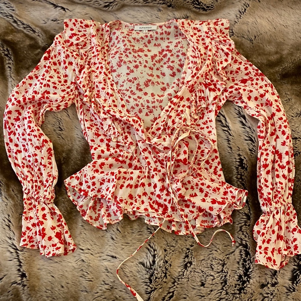 Olivaceous white wrap blouse with red floral-like print - S